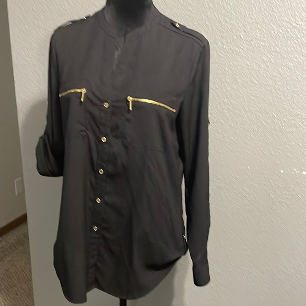 CALVIN KLEIN Black Button-Up Shirt with Gold Accents